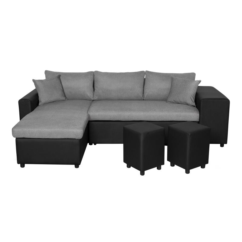 LUMIRA PLUS - Canapé d'angle réversible convertible avec coffre et 2 poufs en tissu et simili - Gris/noir - Angle gauche (vue de face)