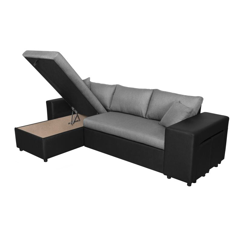 LUMIRA PLUS - Canapé d'angle réversible convertible avec coffre et 2 poufs en tissu et simili - Gris/noir - Angle gauche (vue de face)