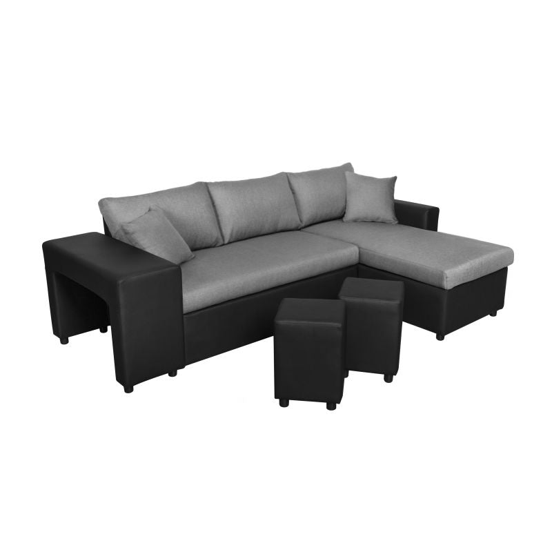 LUMIRA PLUS - Canapé d'angle réversible convertible avec coffre et 2 poufs en tissu et simili - Gris/noir - Angle droit (vue de face)