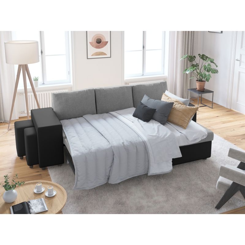 LUMIRA PLUS - Canapé d'angle réversible convertible avec coffre et 2 poufs en tissu et simili - Gris/noir - Angle droit (vue de face)