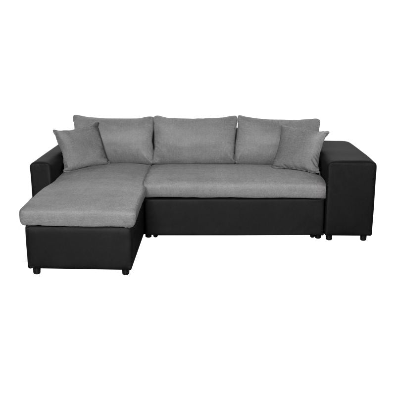 LUMIRA PLUS - Canapé d'angle réversible convertible avec coffre et 2 poufs en tissu et simili - Gris/noir - Angle gauche (vue de face)