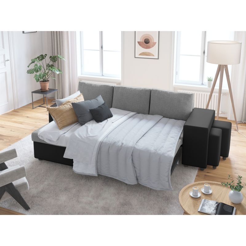 LUMIRA PLUS - Canapé d'angle réversible convertible avec coffre et 2 poufs en tissu et simili - Gris/noir - Angle gauche (vue de face)