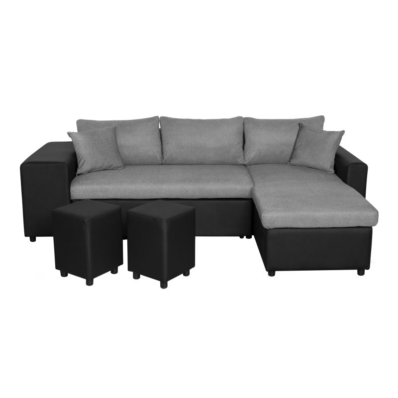 LUMIRA PLUS - Canapé d'angle réversible convertible avec coffre et 2 poufs en tissu et simili - Gris/noir - Angle droit (vue de face)