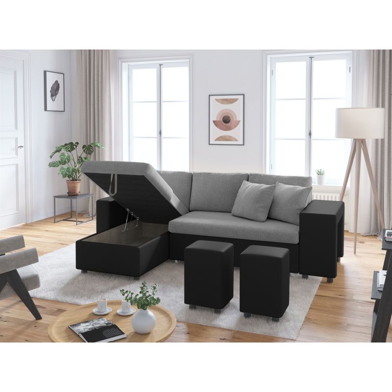 LUMIRA PLUS - Canapé d'angle réversible convertible avec coffre et 2 poufs en tissu et simili - Gris/noir - Angle gauche (vue de face)