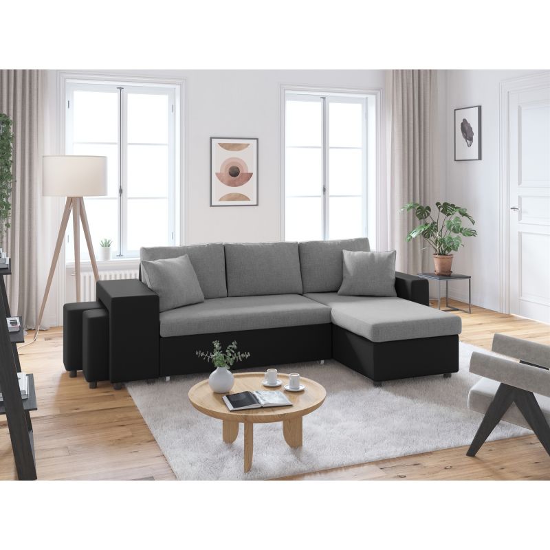 LUMIRA PLUS - Canapé d'angle réversible convertible avec coffre et 2 poufs en tissu et simili - Gris/noir - Angle droit (vue de face)