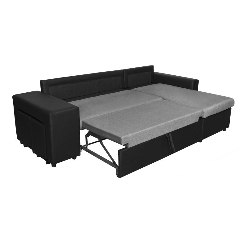 LUMIRA PLUS - Canapé d'angle réversible convertible avec coffre et 2 poufs en tissu et simili - Gris/noir - Angle droit (vue de face)