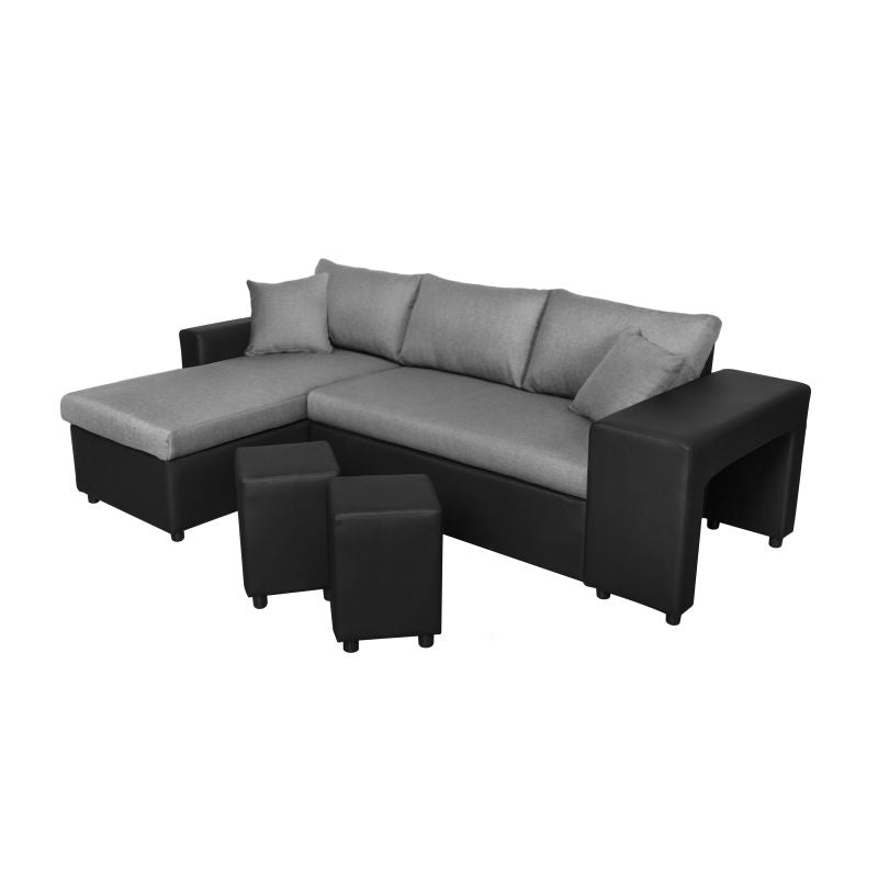 LUMIRA PLUS - Canapé d'angle réversible convertible avec coffre et 2 poufs en tissu et simili - Gris/noir - Angle gauche (vue de face)