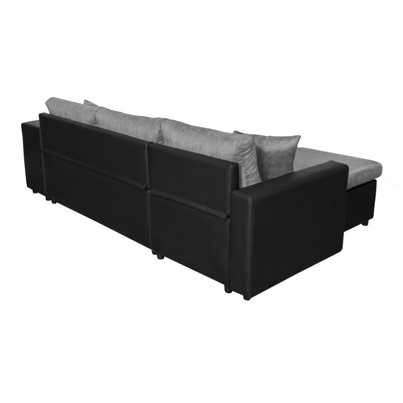 LUMIRA PLUS - Canapé d'angle réversible convertible avec coffre et 2 poufs en tissu et simili - Gris/noir - Angle gauche (vue de face)