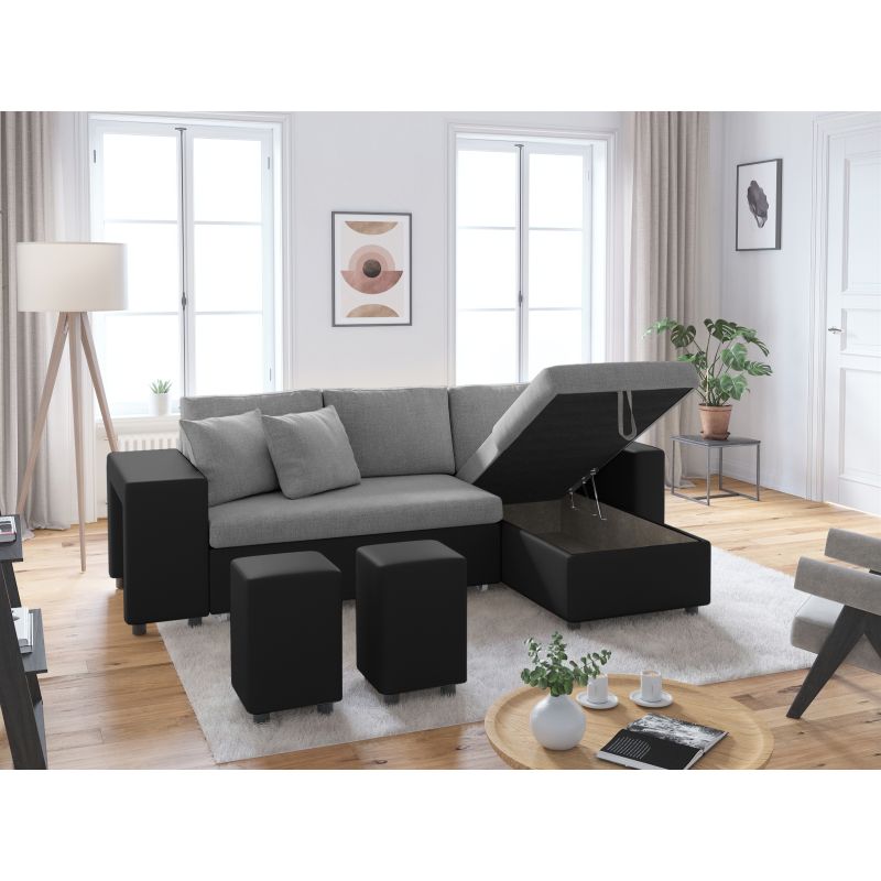 LUMIRA PLUS - Canapé d'angle réversible convertible avec coffre et 2 poufs en tissu et simili - Gris/noir - Angle droit (vue de face)