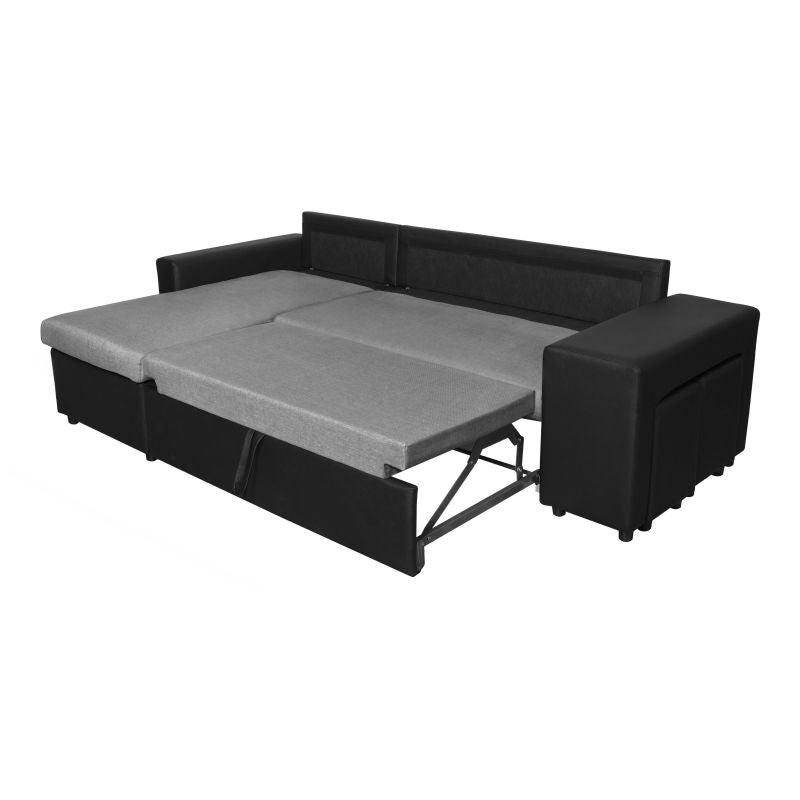 LUMIRA PLUS - Canapé d'angle réversible convertible avec coffre et 2 poufs en tissu et simili - Gris/noir - Angle gauche (vue de face)