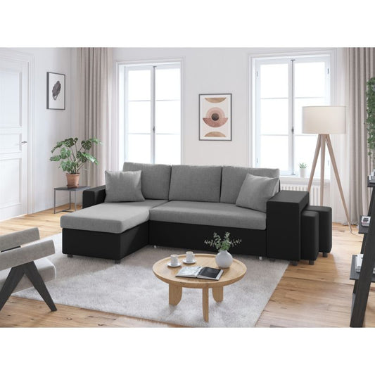 LUMIRA PLUS - Canapé d'angle réversible convertible avec coffre et 2 poufs en tissu et simili - Gris/noir - Angle gauche (vue de face)