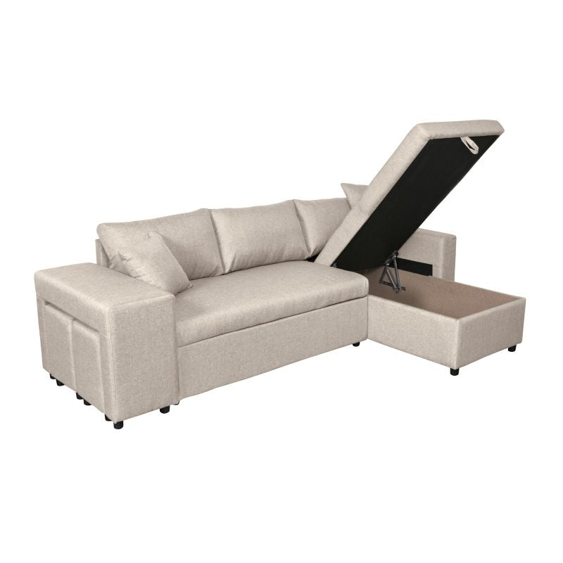 LUMIRA PLUS - Canapé d'angle réversible convertible avec coffre et 2 poufs en tissu - Beige - Niche à gauche