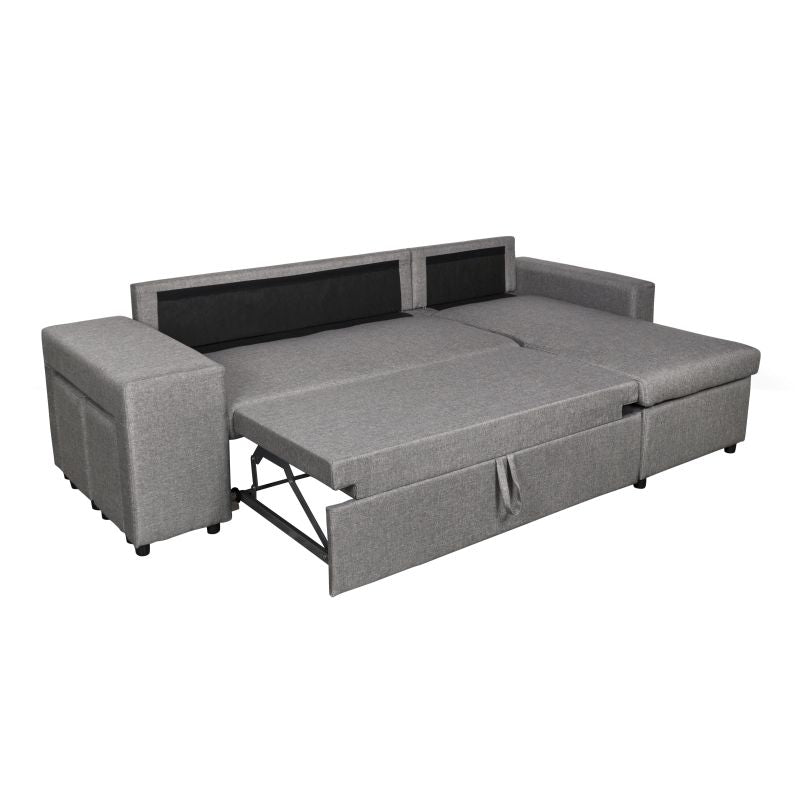 LUMIRA PLUS - Canapé d'angle réversible convertible avec coffre et 2 poufs en tissu - Gris clair - Niche à gauche