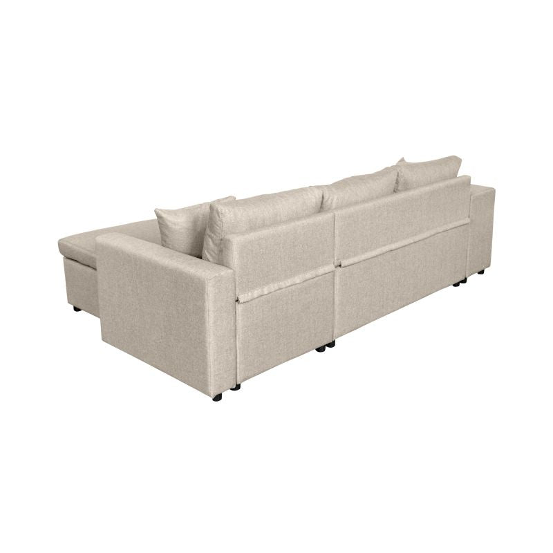 LUMIRA PLUS - Canapé d'angle réversible convertible avec coffre et 2 poufs en tissu - Beige - Niche à gauche