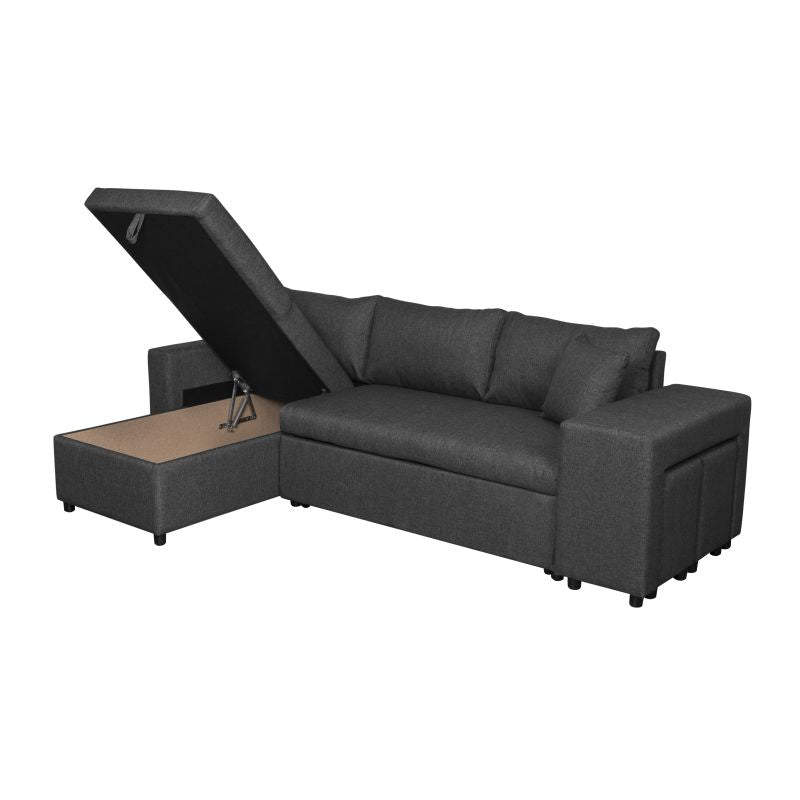 LUMIRA PLUS - Canapé d'angle réversible convertible avec coffre et 2 poufs en tissu - Gris foncé - Niche à droite