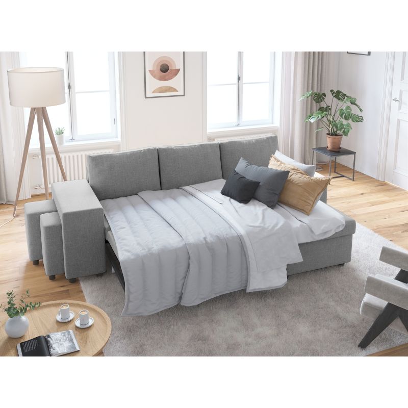 LUMIRA PLUS - Canapé d'angle réversible convertible avec coffre et 2 poufs en tissu - Gris clair - Niche à gauche