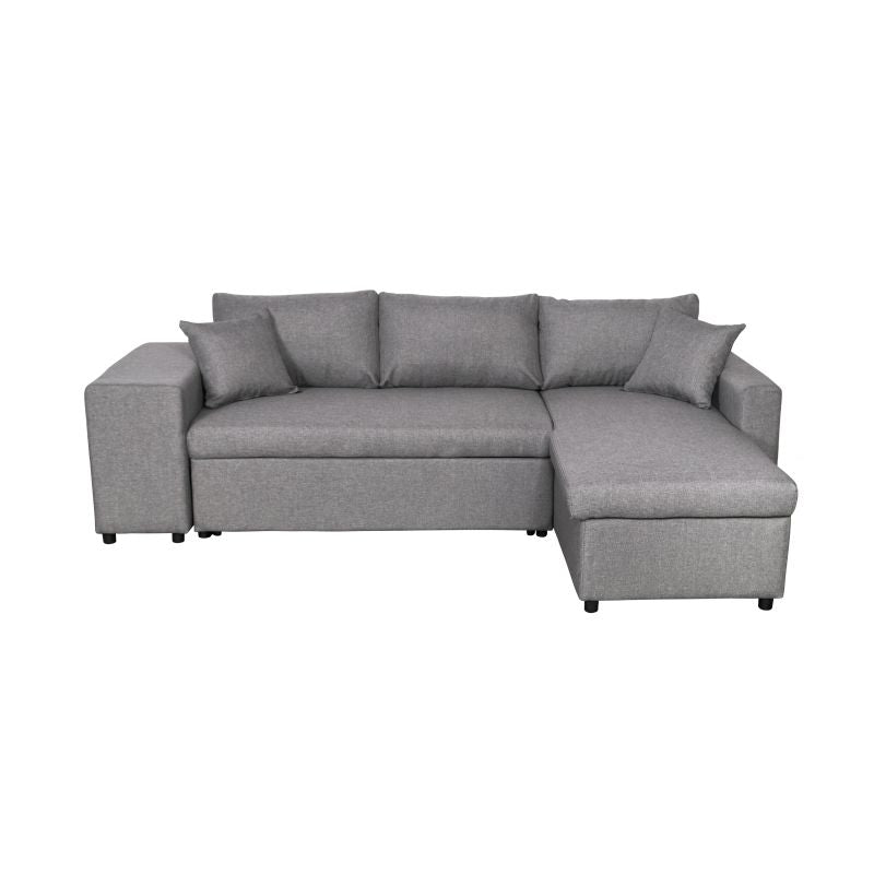 LUMIRA PLUS - Canapé d'angle réversible convertible avec coffre et 2 poufs en tissu - Gris clair - Niche à gauche