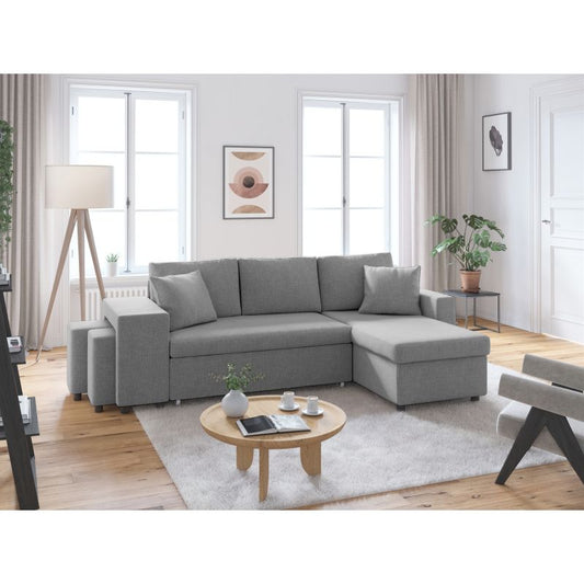 LUMIRA PLUS - Canapé d'angle réversible convertible avec coffre et 2 poufs en tissu - Gris clair - Niche à gauche