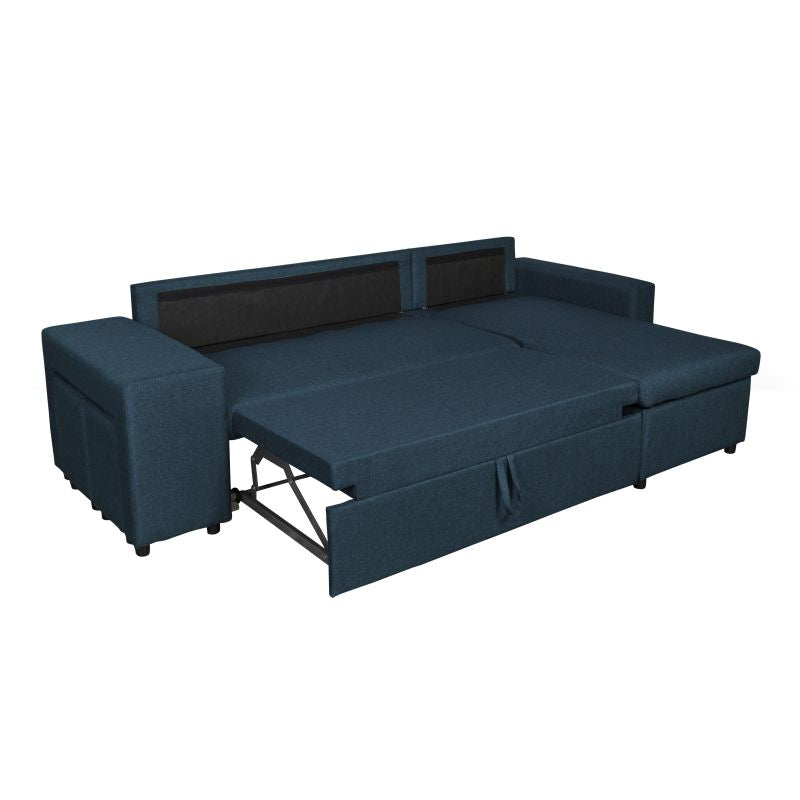 LUMIRA PLUS - Canapé d'angle réversible convertible avec coffre et 2 poufs en tissu - Bleu pétrole - Niche à gauche