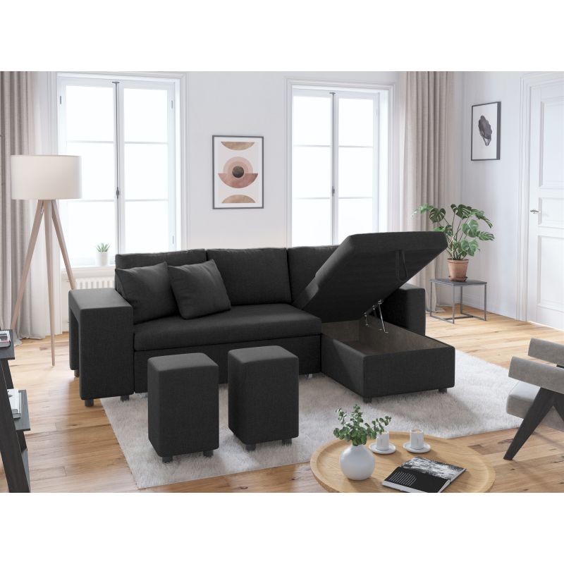 LUMIRA PLUS - Canapé d'angle réversible convertible avec coffre et 2 poufs en tissu - Gris foncé - Niche à gauche