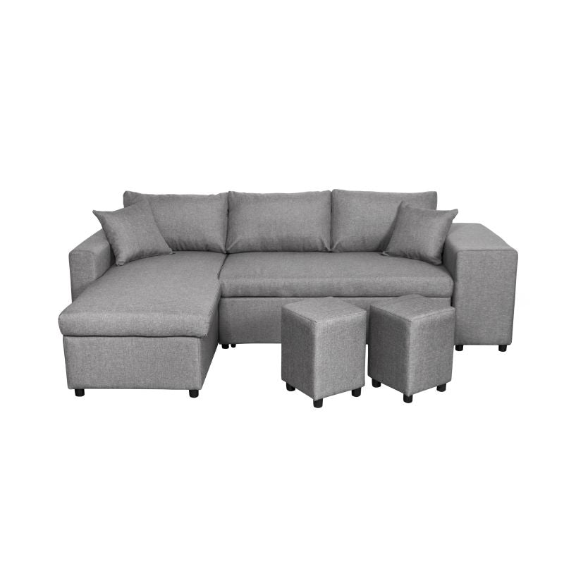 LUMIRA PLUS - Canapé d'angle réversible convertible avec coffre et 2 poufs en tissu - Gris clair - Niche à droite