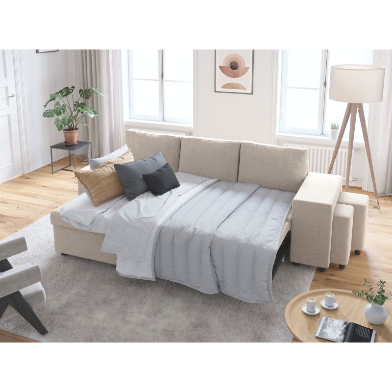 LUMIRA PLUS - Canapé d'angle réversible convertible avec coffre et 2 poufs en tissu - Beige - Niche à droite