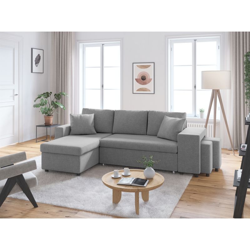 LUMIRA PLUS - Canapé d'angle réversible convertible avec coffre et 2 poufs en tissu - Gris clair - Niche à droite