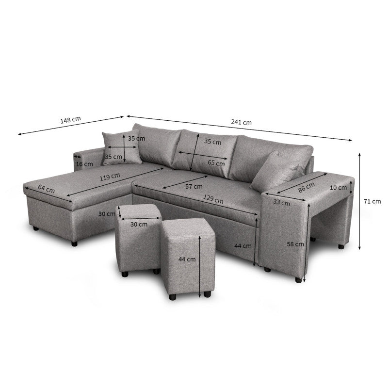 LUMIRA PLUS - Canapé d'angle réversible convertible avec coffre et 2 poufs en tissu - Gris clair - Niche à gauche