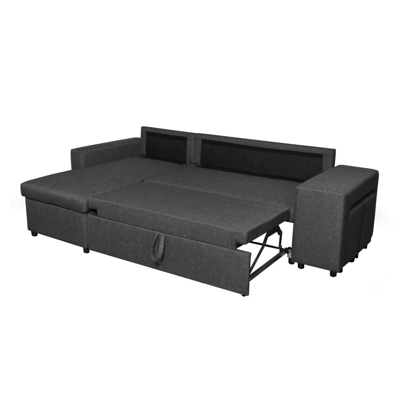 LUMIRA PLUS - Canapé d'angle réversible convertible avec coffre et 2 poufs en tissu - Gris foncé - Niche à droite