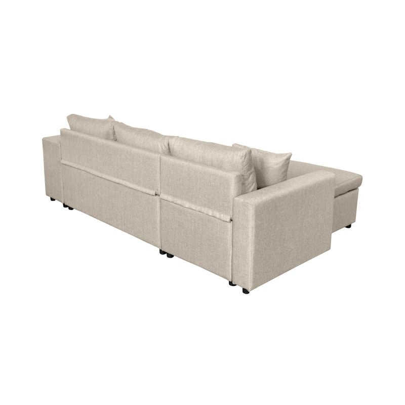 LUMIRA PLUS - Canapé d'angle réversible convertible avec coffre et 2 poufs en tissu - Beige - Niche à droite