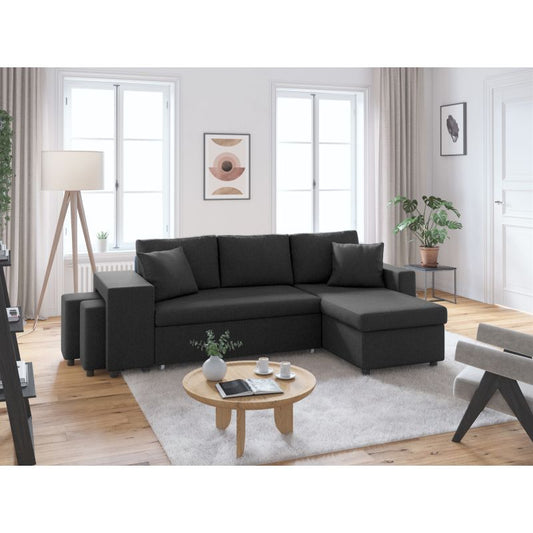 LUMIRA PLUS - Canapé d'angle réversible convertible avec coffre et 2 poufs en tissu - Gris foncé - Niche à gauche