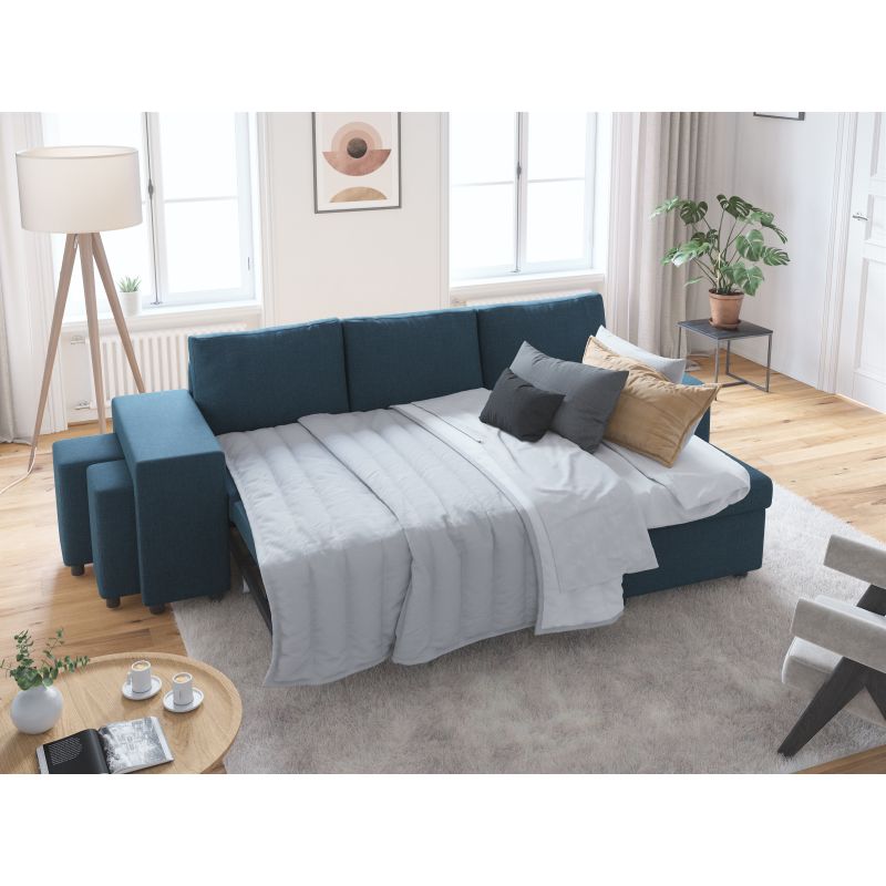 LUMIRA PLUS - Canapé d'angle réversible convertible avec coffre et 2 poufs en tissu - Bleu pétrole - Niche à gauche