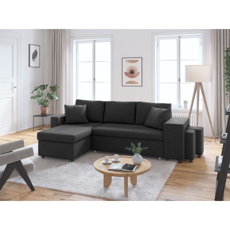 LUMIRA PLUS - Canapé d'angle réversible convertible avec coffre et 2 poufs en tissu - Gris foncé - Niche à droite