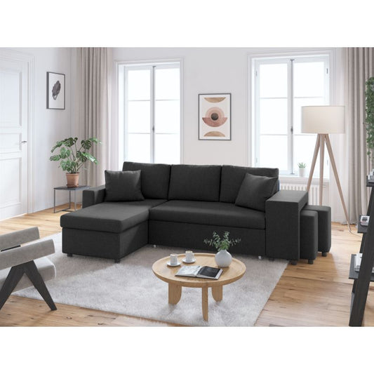 LUMIRA PLUS - Canapé d'angle réversible convertible avec coffre et 2 poufs en tissu - Gris foncé - Niche à droite