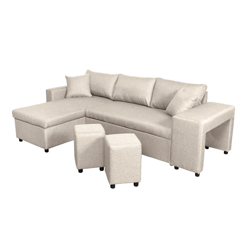 LUMIRA PLUS - Canapé d'angle réversible convertible avec coffre et 2 poufs en tissu - Beige - Niche à droite