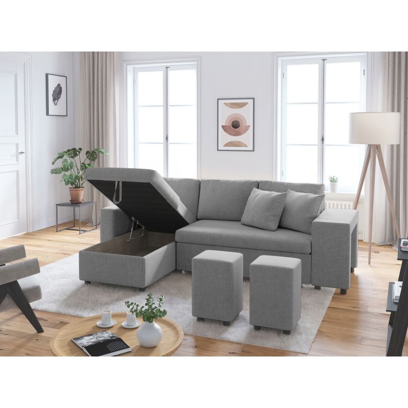 LUMIRA PLUS - Canapé d'angle réversible convertible avec coffre et 2 poufs en tissu - Gris clair - Niche à droite