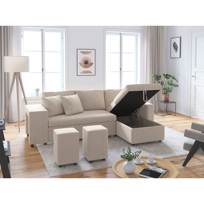 LUMIRA PLUS - Canapé d'angle réversible convertible avec coffre et 2 poufs en tissu - Beige - Niche à gauche