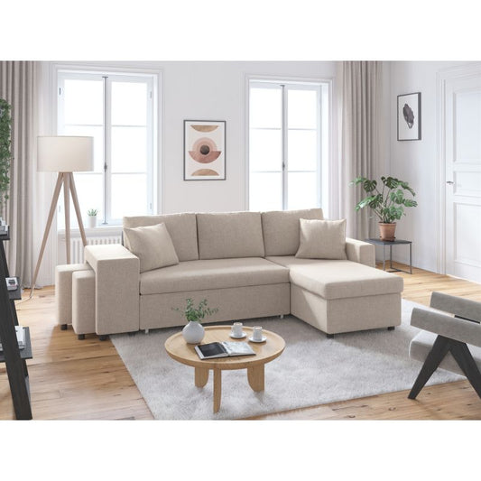 LUMIRA PLUS - Canapé d'angle réversible convertible avec coffre et 2 poufs en tissu - Beige - Niche à gauche