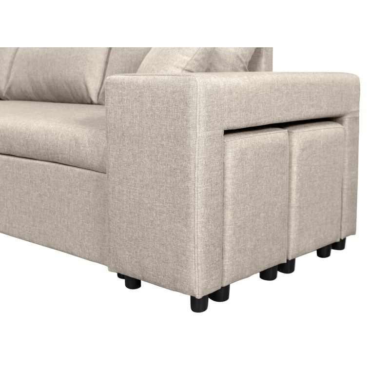 LUMIRA PLUS - Canapé d'angle réversible convertible avec coffre et 2 poufs en tissu - Beige - Niche à droite