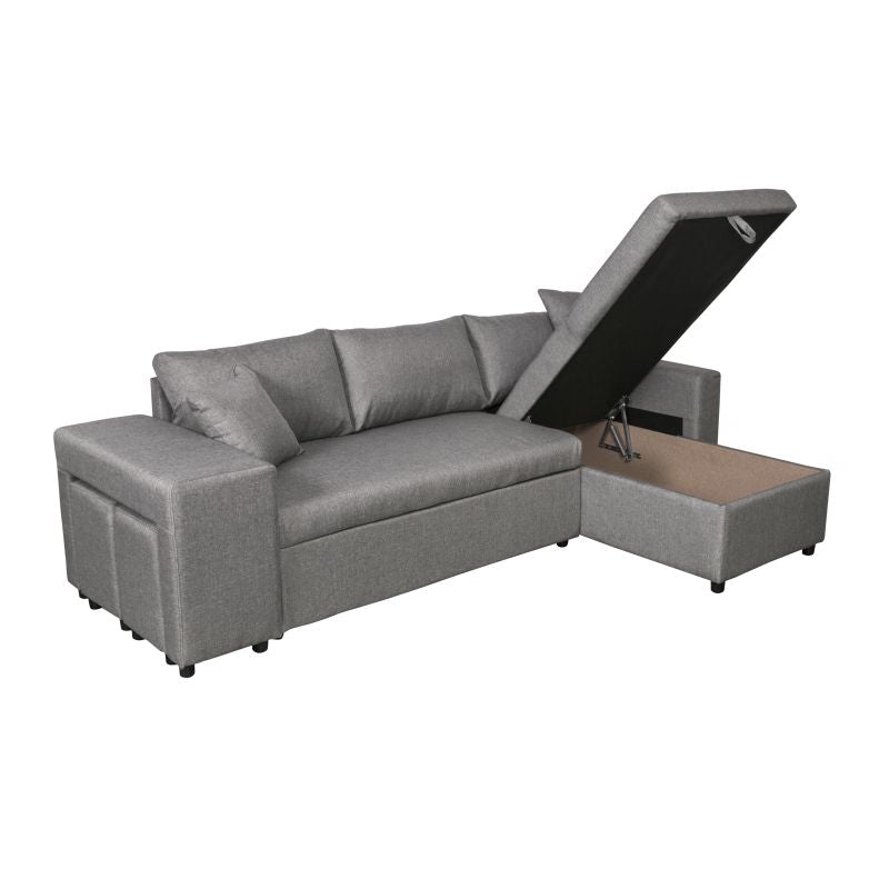 LUMIRA PLUS - Canapé d'angle réversible convertible avec coffre et 2 poufs en tissu - Gris clair - Niche à gauche