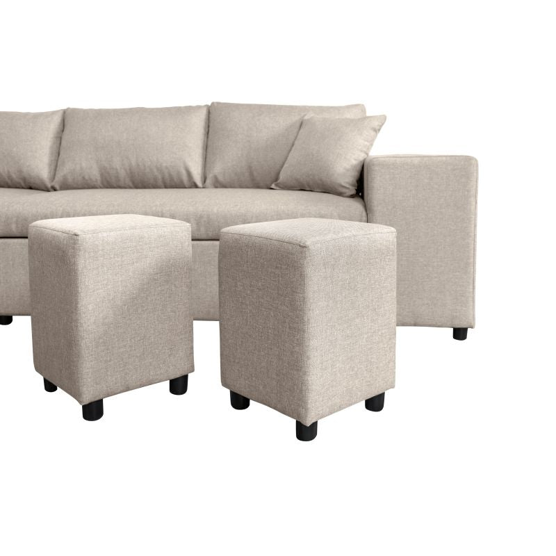 LUMIRA PLUS - Canapé d'angle réversible convertible avec coffre et 2 poufs en tissu - Beige - Niche à droite