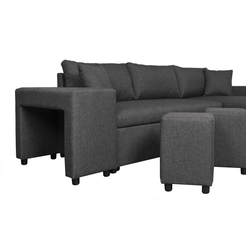 LUMIRA PLUS - Canapé d'angle réversible convertible avec coffre et 2 poufs en tissu - Gris foncé - Niche à gauche