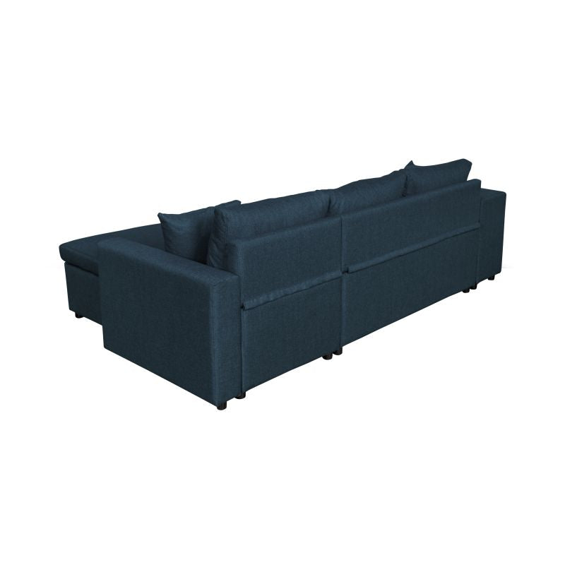 LUMIRA PLUS - Canapé d'angle réversible convertible avec coffre et 2 poufs en tissu - Bleu pétrole - Niche à gauche