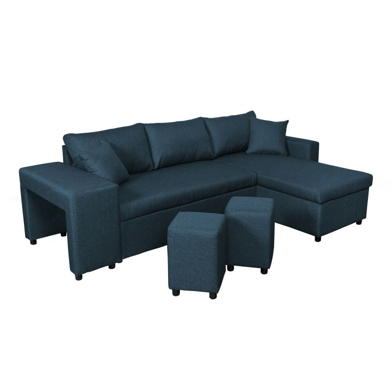 LUMIRA PLUS - Canapé d'angle réversible convertible avec coffre et 2 poufs en tissu - Bleu pétrole - Niche à gauche