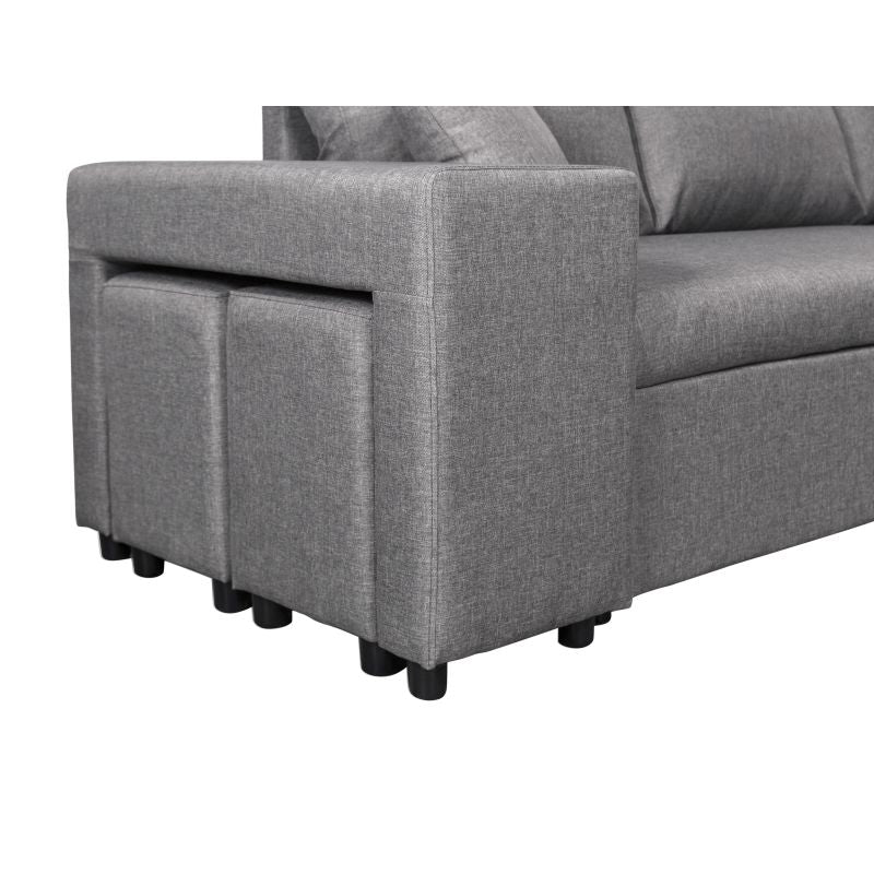 LUMIRA PLUS - Canapé d'angle réversible convertible avec coffre et 2 poufs en tissu - Gris clair - Niche à gauche