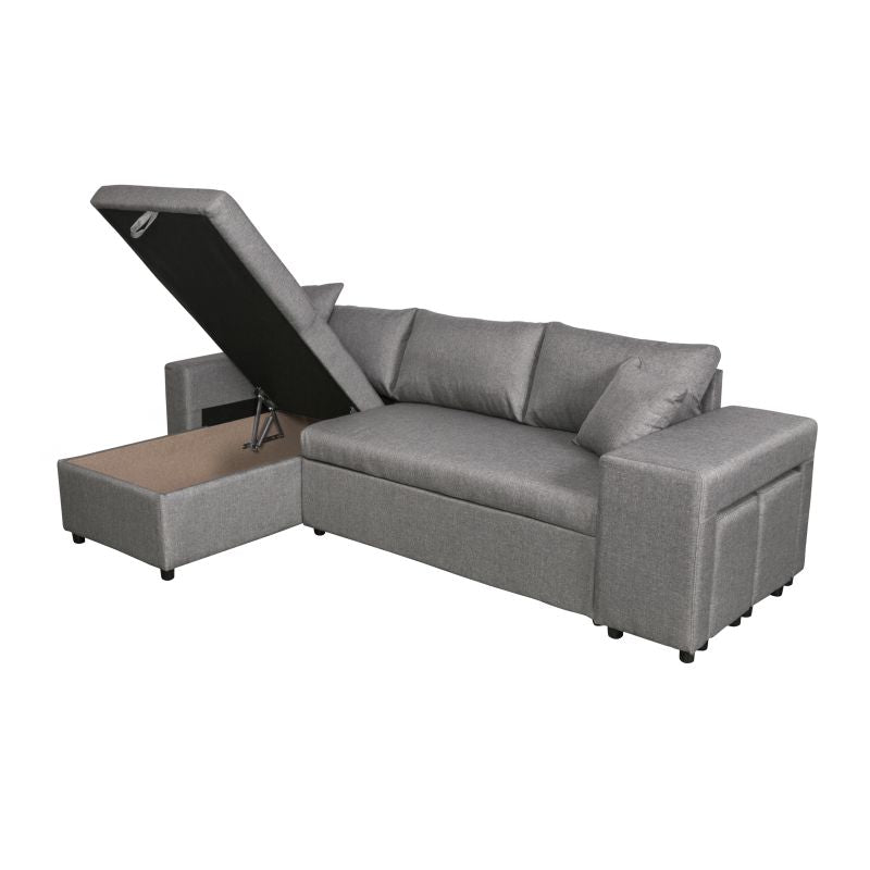 LUMIRA PLUS - Canapé d'angle réversible convertible avec coffre et 2 poufs en tissu - Gris clair - Niche à droite