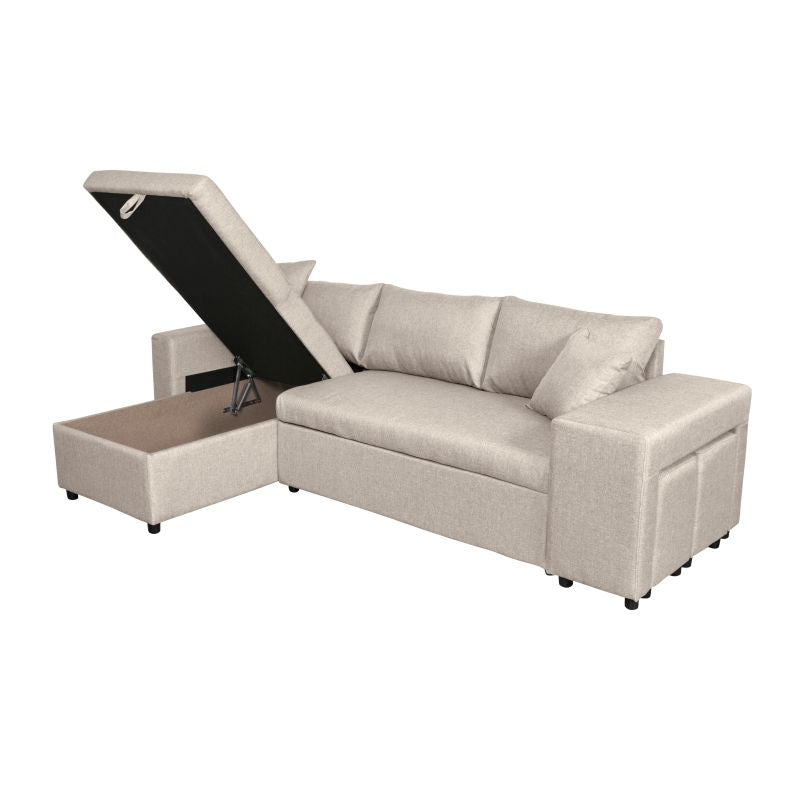 LUMIRA PLUS - Canapé d'angle réversible convertible avec coffre et 2 poufs en tissu - Beige - Niche à droite