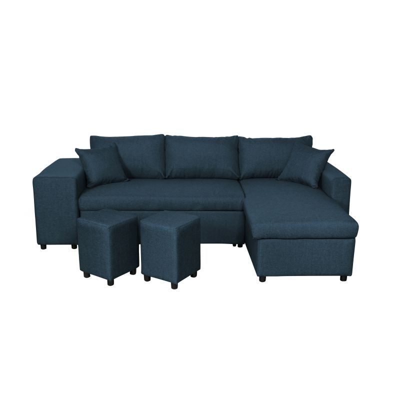 LUMIRA PLUS - Canapé d'angle réversible convertible avec coffre et 2 poufs en tissu - Bleu pétrole - Niche à gauche