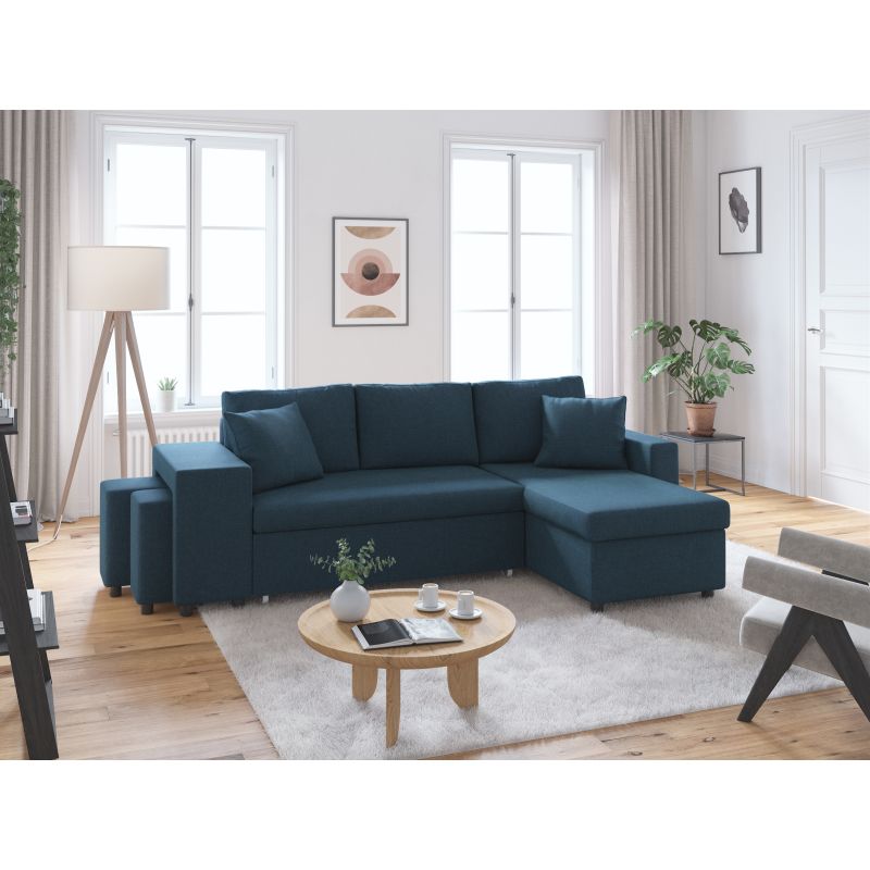 LUMIRA PLUS - Canapé d'angle réversible convertible avec coffre et 2 poufs en tissu - Bleu pétrole - Niche à gauche