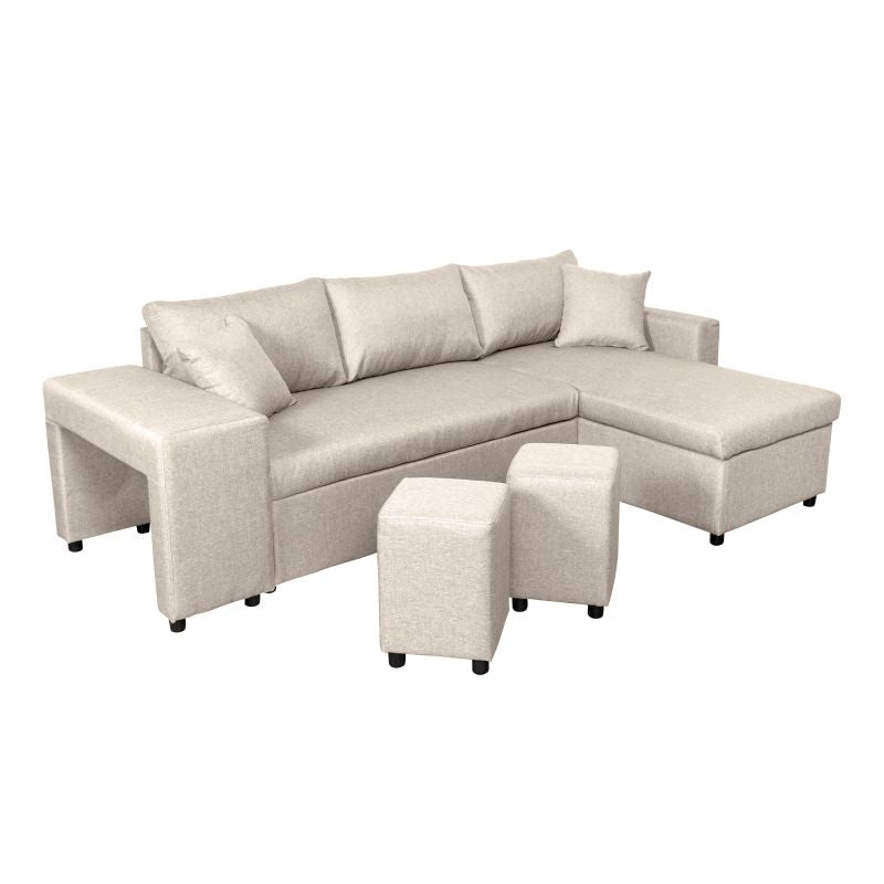 LUMIRA PLUS - Canapé d'angle réversible convertible avec coffre et 2 poufs en tissu - Beige - Niche à gauche